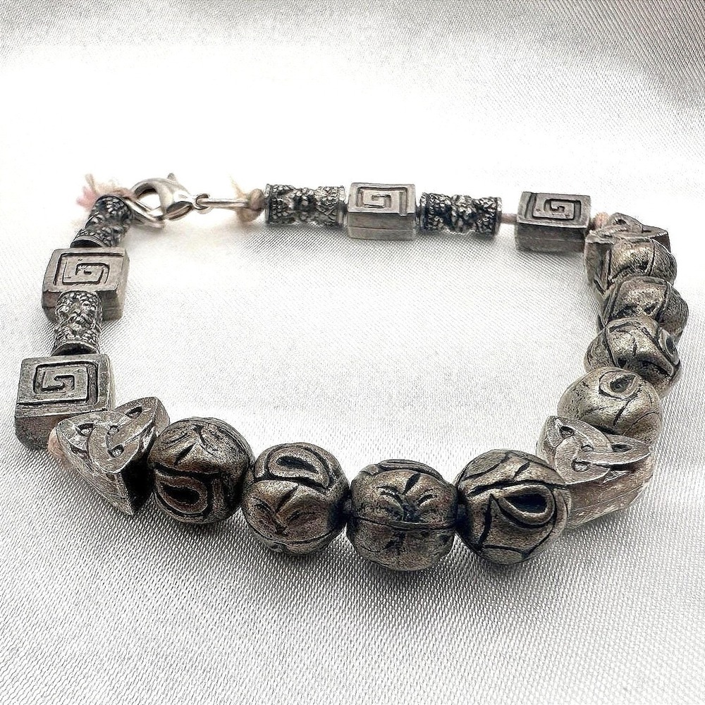 Vintage 80s Silver Tone Celtic Knot Runes‎ Beaded Bracelet Statement Y2K Jewelry